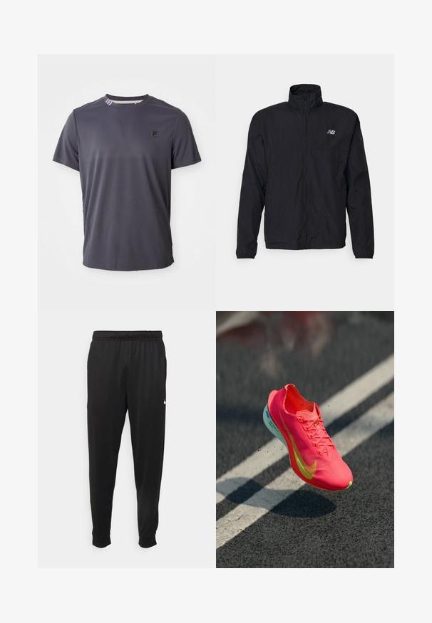 Black windbreaker jacket with high collar, zip front, and lightweight material. Features logo on chest and elastic cuffs for a snug fit.; Dark gray short-sleeve athletic t-shirt with small black logo on left chest and striped detail inside the collar.; Black athletic pants made of smooth fabric, featuring an elastic waistband, tapered legs, and a small white logo on the left side.; Bright pink running shoe with a textured upper, yellow accents, and a lightweight sole, showing a slight bounce off a dark surface.