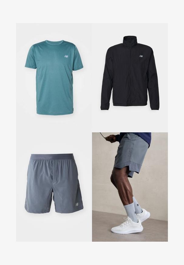 Černá větrovka s vysokým límcem, zipem vpředu a lehkým materiálem. Obsahuje logo na hrudi a elastické manžety pro těsné uchycení.; New Balance Sportovní tričko - new spruce; Pánské sportovní šortky ve tmavě šedé barvě, vyrobené z lehkého materiálu. Mají elastický pás a malé logo na dolní části nohavic.; Bílé sportovní boty s texturovaným síťovaným svrškem, spárované se světle modrými pruhovanými ponožkami s logem. Šedé sportovní šortky s perforovaným lemem.