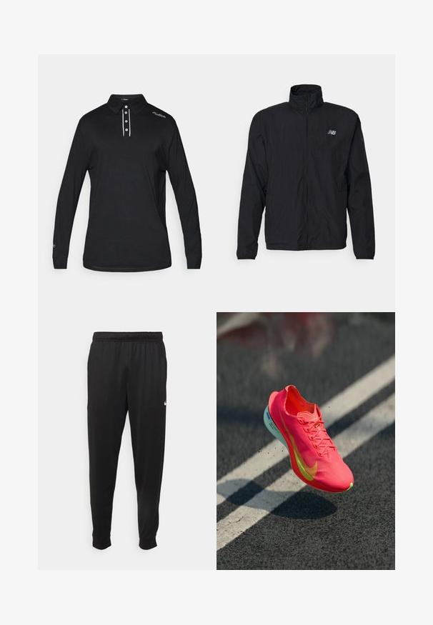 Fekete széldzseki magas gallérral, cipzárral az elülden és könnyű anyagból készült. A mellkason logó található, és rugalmas mandzsettákkal rendelkezik a kényelmes illeszkedés érdekében.; Hosszú ujjú fekete pólóing sima anyagból, gallérral, három gombos kivágással, és fehér díszítéssel a kivágáson és a vállon.; Fekete sportos nadrág sima anyagból, rugalmas derékkal, szűkülő lábakkal és egy kis fehér logóval a bal oldalon.; Fényes rózsaszín futócipő, texturált felsőrésszel, sárga részletekkel és könnyű talppal, amely egy sötét felületről enyhén visszapattan.