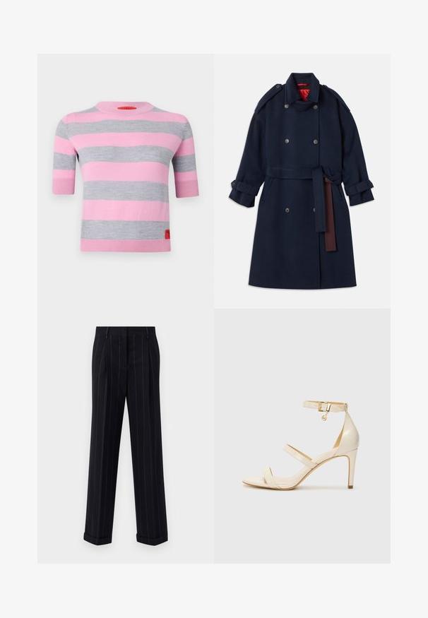 Temno moderna volnena plašč s dvokrilnim zapiranjem na gumbe, pasom, velikimi ovratniki in manšetami. Notranja podloga v rdeči barvi.; MAX&Co. ASTER - Pulover - orchis rose; Črne hlače s pinstripes vzorcem in prilagojenim krojem, opremljene z manšetnim robom in sprednjimi pregibi. Narejene iz gladkega materiala z ustrezno strukturo.; Bež čevlji na visoki peti s tankim trakcem okrog gležnja in dvema zgornjima trakoma. Sijajna lakirana površina in zlat detajl na trakcu okrog gležnja.
