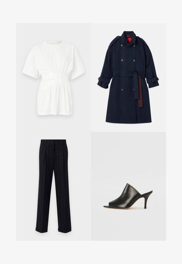 Jūras zila vilnas trenci ar dubultā auklā slēgšanu, ar jostu viduklī, lieliem apkakles uzgaļiem un aproču tabiem. Iekšējā oderējumā ir sarkana krāsa.; Balta īsām piedurknēm t-krekls, izgatavots no gludas kokvilnas. Aprīkots ar savilktu vidukli ar spīdīgu jostu un apaļu kakla izgriezumu. Vienkāršs dizains.; Melnas pinstrīpu bikses ar pielāgotu piegriezumu, ar apgāztu apakšmalu un priekšējām kroku detaļām. Izgatavotas no gludas auduma ar struktūrētu dizainu.; Melna ādas atvērta pirksta mule ar elegantu, izliekta dizaina, augstu stiletto papēdi un gludu tekstūru. Iekšpusei ir kontrastējoša gaiša krāsa.