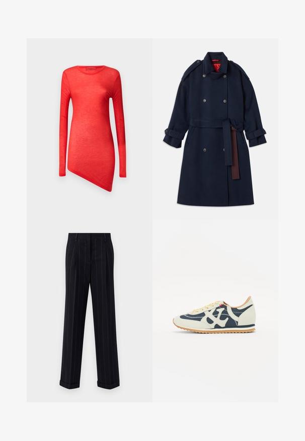 Trench coat de lã marinho com fecho de botões duplos, cintura cingida, apresentando grandes lapelas e abas nas mangas. Forro interior em vermelho.; Camisola longa vermelha com bainha assimétrica, feita de material leve. Textura suave com decote redondo e costuras mínimas.; Calças pretas risca de giz com um ajuste sob medida, apresentando uma bainha com dobra e pregas frontais. Feitas de um tecido suave com um design estruturado.; Sapatilhas com uma combinação de materiais creme, azul marinho e camurça, design de atacadores, costura diagonal e sola de borracha com tracção.