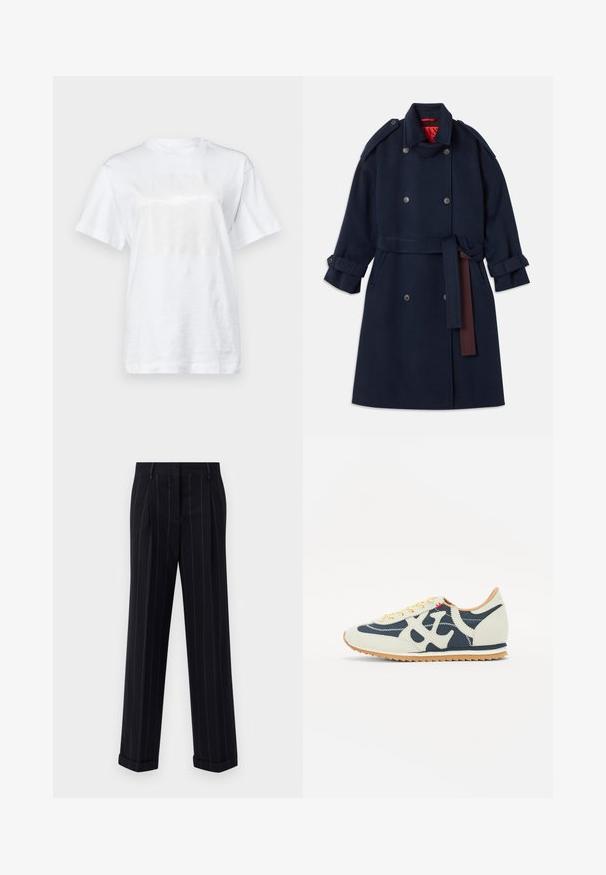 Trench coat de lã marinho com fecho de botões duplos, cintura cingida, apresentando grandes lapelas e abas nas mangas. Forro interior em vermelho.; MAX&Co. TEE - T-shirt estampada - weiss; Calças pretas risca de giz com um ajuste sob medida, apresentando uma bainha com dobra e pregas frontais. Feitas de um tecido suave com um design estruturado.; Sapatilhas com uma combinação de materiais creme, azul marinho e camurça, design de atacadores, costura diagonal e sola de borracha com tracção.