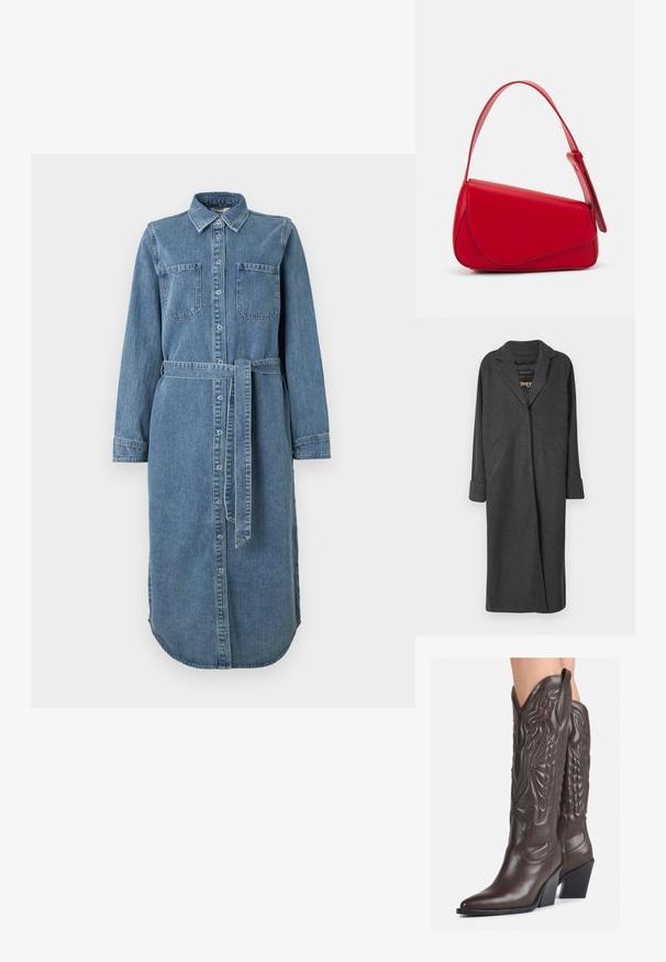 Casaco longo cinza feito de uma mistura de lã, com gola com recortes, duas bolsos frontais e mangas arregaçadas. Textura suave e design ajustado.; Vestido de camisa de ganga em azul claro, com mangas longas, frente de botões, dois bolsos no peito e um cinto na cintura. A bainha é arredondada e mais longa na parte de trás.; Botas de cowboy em couro castanho com bico pontudo e salto quadrado, apresentando costuras detalhadas e realces elevados no cano.; Bolsa de mão em couro vermelho com um design angular e geométrico. Apresenta uma única alça ajustável e um fecho com aba, com detalhes cosidos.