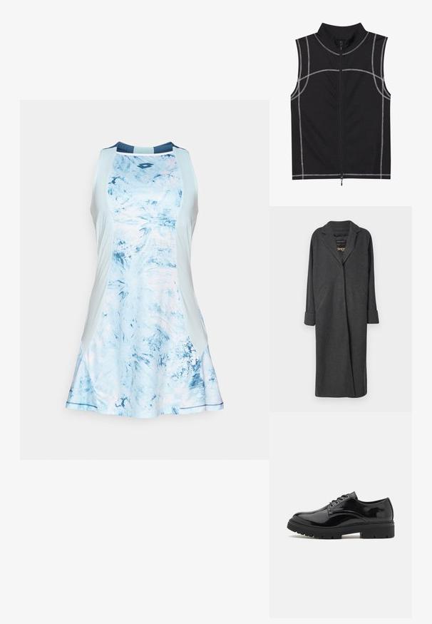 Lang grå frakk laget av en ullblanding, med notert krage, to frontlommer og opprullede ermer. Glatt tekstur og skreddersydd design.; En lys blå ermeløs kjole med et teksturert abstrakt mønster, solid marineblå hals og sider, og en flagrende skjørt.; Svart ermeløs vest laget av et glatt stoff, med sølvtråd detaljer og glidelås foran, designet med høy krage.; Sorte lakksko med rund tå, teksturert gummisåle og seks metallhull for snøring, med en glatt overflate.; Rød lærveske med en vinklet, geometrisk design. Har en enkelt justerbar stropp og en klaffelukking med sydd detaljer.