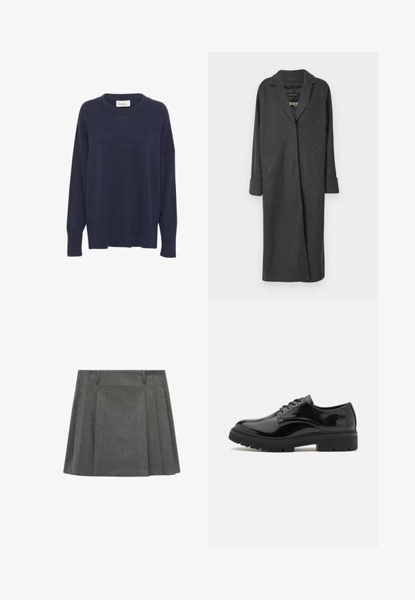 Dlhý sivý kabát z vlnenej zmesi, s výstrihom do špice, dvoma prednými vreckami a vyhrnutými rukávmi. Hladká textura a prispôsobený strih.; Námornícky modrý pletený sveter s okrúhlym výstrihom, spustenými ramenami a rebrovaným lemom. Obsahuje malé logo na ľavom rukáve. Mäkká textúra.; Biela košeľa s dlhým rukávom na gombíky vyrobená z látky s jemnou textúrou. Má predné vrecko s malým vyšívaným logom a klasický golier.; Sivá skladaná sukňa vyrobená z textúrovanej tkaniny, s vertikálnymi pruhmi, pásom so slučkami na opasok a rozšíreným strihom.; Čierne lakované kožené topánky s okrúhlou špičkou, textúrovanou gumovou podrážkou a šiestimi kovovými očkami pre šnúrky, s hladkým povrchovým spracovaním.