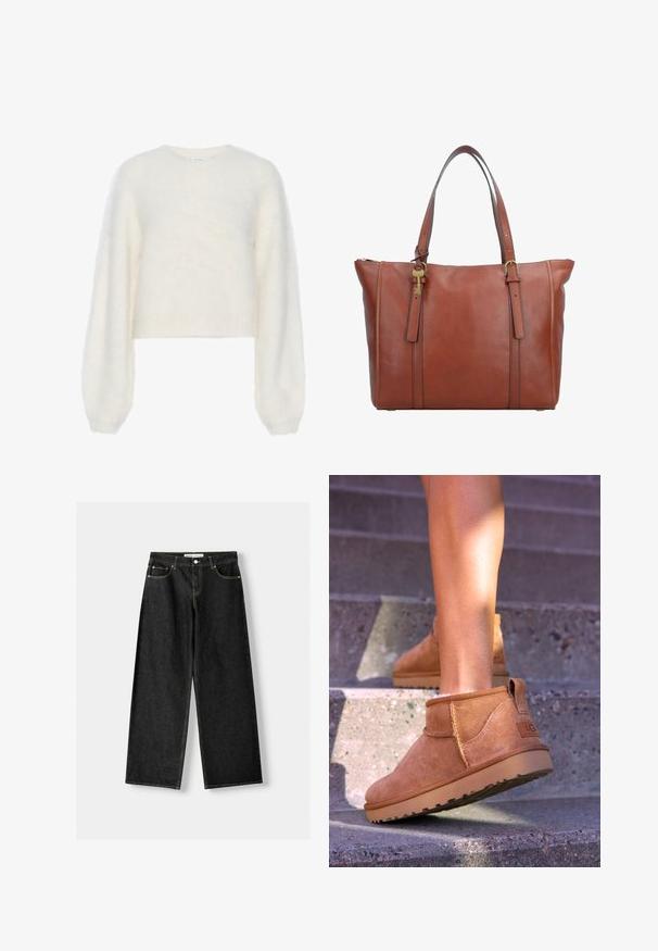 Lange grijze jas van een wollen mix, met een notch-kraag, twee voorkruiken en opgerolde mouwen. Soepele textuur en getailleerd ontwerp.; Gestuz SABI - Trui - egret; Zwarte denim wijde jeans met vijf zakken, metalen knoop en ritsluiting, en contrasterende gele stiksels langs de naden.; Tamme suède enkelboots met een zachte textuur, gestikte details en een rubberen zool, met een lusvormige hak voor gemakkelijk aan- en uittrekken.; Bruine leren tote bag met twee handvatten, een ritssluiting en een goudkleurige sleutelhanger. Heeft schone lijnen en een gestructureerde afwerking.