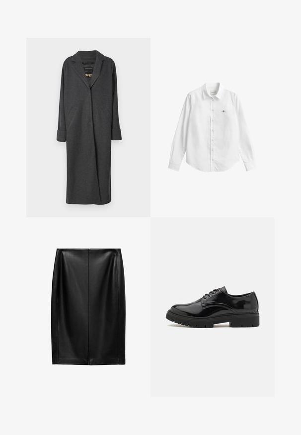 Dugi sivi kaput napravljen od mješavine vune, s ožbukanim kragnom, dva prednja džepa i podvrnutim rukavima. Glatka tekstura i krojeni dizajn.; Bijela košulja s dugim rukavima na kopčanje, izrađena od tkanine s blagom teksturom. Ima prednji džep s malim vezenim logotipom i klasični ovratnik.; Crna kožna olovka suknja s glatkom teksturom, koja ima ravni kroj, pojas i središnji šav kao detalj. Bez dodatnih ukrasa.; Crne lakirane cipele s okruglim nosom, teksturiranom gumiranom potplatu i šest metalnih rupica za vezice, s glatkom površinskom obradom.