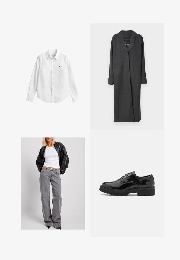 Ilgas pilkas paltas, pagamintas iš vilnos mišinio, su įpjovimu ant apykaklės, dviem priekinėmis kišenėmis ir neatly rolled up sleeves. Lygi tekstūra ir pritaikytas dizainas.; Balta ilgomis rankovėmis mygtukais užsegama marškinėliai, pagaminti iš šiek tiek tekstūruotos medžiagos. Pats marškinėlis turi priekinę kišenę su smulkia išsiuvinėta logo ir klasikinį apykaklę.; Juodas odinis bomber stiliaus švarkas, baltas raštuotas marškinėlis, ir pilkos džinsinės kelnės su aukštu liemeniu, laisvu kirpimu, subtiliomis siūlėmis ir akcentinėmis kišenėmis.; Juodų patentuotų odos batų su apvalia nosimi, tekstūruotu guminiu padu ir šešiais metaliniais akyčiais raištams, turinčių lygų paviršiaus apdailą.