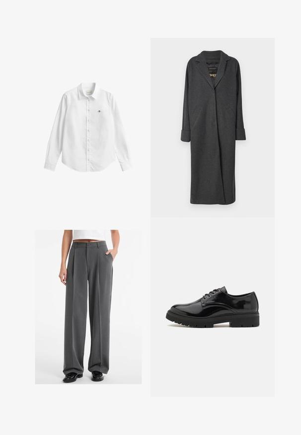 Long gray coat made of wool blend, featuring a notched collar, two front pockets, and rolled-up sleeves. Smooth texture and tailored design.; White long-sleeve button-up shirt made of fabric with a slight texture. Features a front pocket with a small embroidered logo and a classic collar.; Gray wide-leg trousers featuring a textured fabric, pleats, a front button closure, and side pockets. Worn with black shoes.; Black patent leather shoes with rounded toe, textured rubber sole, and six metal eyelets for laces, featuring a smooth surface finish.