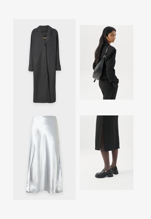 Long manteau gris en mélange de laine, doté d'un col cranté, de deux poches avant et de manches retroussées. Texture lisse et design ajusté.; Débardeur blanc sans manches en tissu côtelé, doté d'un col rond et d'une silhouette ajustée, avec des coutures minimales et sans ornements.; Jupe midi en satin argenté avec une texture lisse, un design évasé et un éclat subtil. Elle présente une taille droite et une silhouette en A.; Chaussures noires en cuir avec un bout arrondi, un épais talon bloc et des accents latéraux élastiques, associées à des bas foncés et une jupe noire avec une fente.; Femme avec de longs cheveux foncés portant un costume noir, portant un sac à épaule en cuir noir, regardant par-dessus son épaule contre un fond blanc.