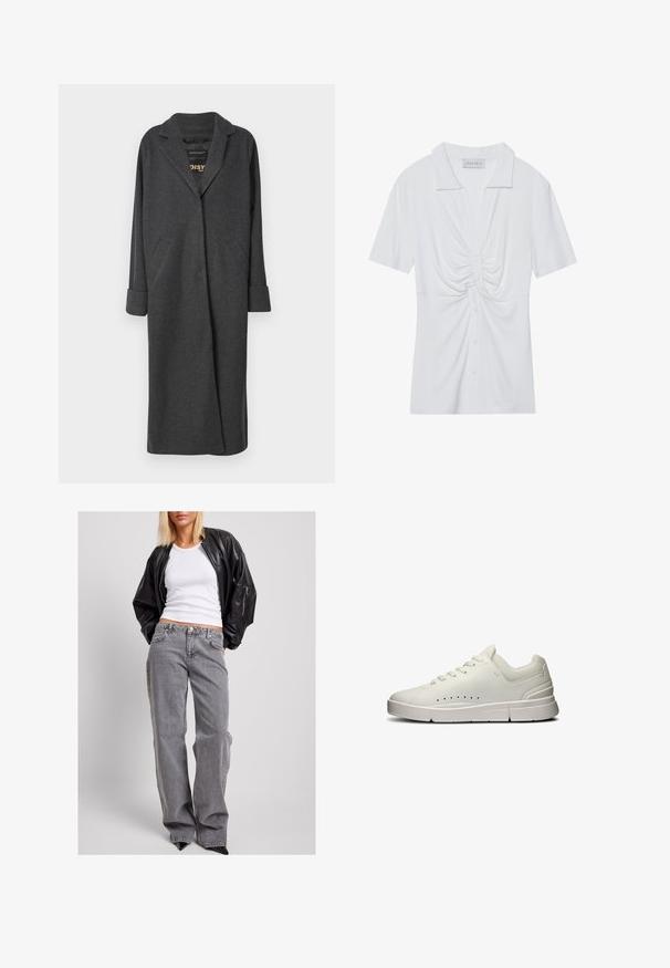 Pikk hall villasegust mantl, millega on kaasas soonikuga krae, kaks eesmist taskut ja üleskeeratud varrukad. Sile tekstuur ja korrektne disain.; Valge lühikeste varrukatega blouse, millel on krae, esiosas keeratud sõlme detail ja nööpidega sulg. Sile ja sooniline tekstuur.; Mustmust nahk bomber-jope, valge ribaga tank-top ja kõrge vöökohaga hallid teksad, millel on lahti istuv lõige, peened õmblused ja aksenttaskud.; Valged sportlikud spordijalatsid siledast nahast ülemise osaga, võrkkangast detailidega, tasaste nööpidega, külgedel perforeeritud detailid ja tekstuuriga kummist tallaga.