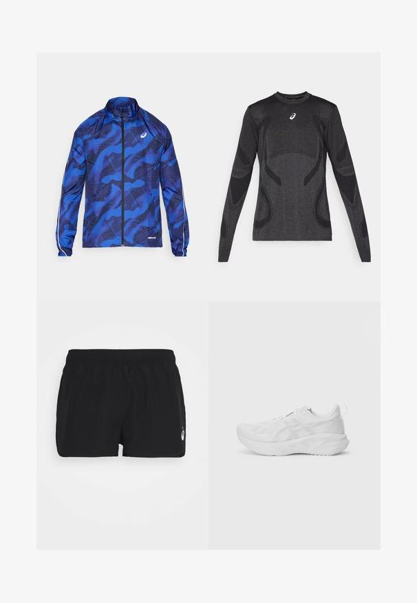 Chaqueta azul con patrón, tipo zip, con un alto cuello, que presenta un diseño de malla, puños elásticos y acentos reflectantes en las mangas.; Camiseta deportiva de manga larga en gris oscuro, con acentos de diseño texturizado en un gris más claro. Cuello redondo con logotipo en el pecho.; Bermudas deportivas negras con cinturilla elástica. Elaboradas con tejido ligero. Cuenta con un logo blanco en el dobladillo inferior. Diseño sencillo y funcional.; Zapatilla deportiva blanca con parte superior de malla texturizada, amortiguación innovadora, suela curveada y una lengüeta en el talón para facilitar su puesta.