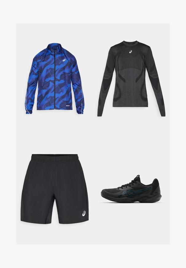 Plavi jakna sa uzorkom i patentnim zatvaračem, s visokim ovratnikom, koja ima mrežasti dizajn, elastične rukave i reflektirajuće detalje na rukavima.; Dugih rukava atletska majica tamno sive boje, s teksturiranim dizajnom u svjetlijoj sivoj boji. Okrugli izrez s logotipom na prsima.; Crne atletske kratke hlače s elastičnom trakom, s glatkom teksturom i malim bijelim logom na donjem desnom dijelu.; ASICS SOLUTION SPEED FF 3 CLAY - Tenisice za zemljane terene - black/prism blue