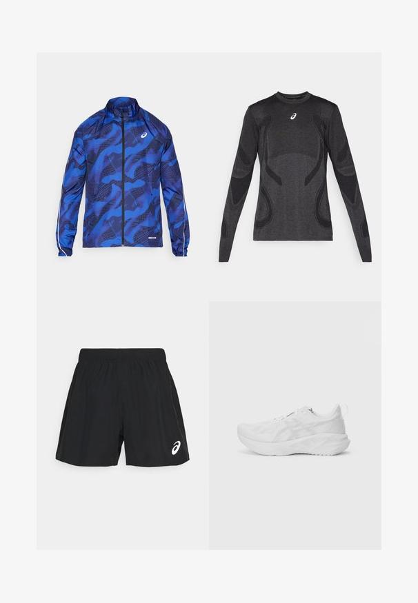 Blue patterned zip jacket with a high collar, featuring a mesh design, elasticized cuffs, and reflective accents on the sleeves.; Long-sleeved athletic top in dark gray, featuring textured design accents in a lighter gray. Crew neckline with logo on the chest.; ASICS CORE SHORT - Sports shorts - performance black/graphite grey; White athletic shoe with a textured mesh upper, innovative cushioning, a curved sole, and a pull tab at the heel for ease of wear.