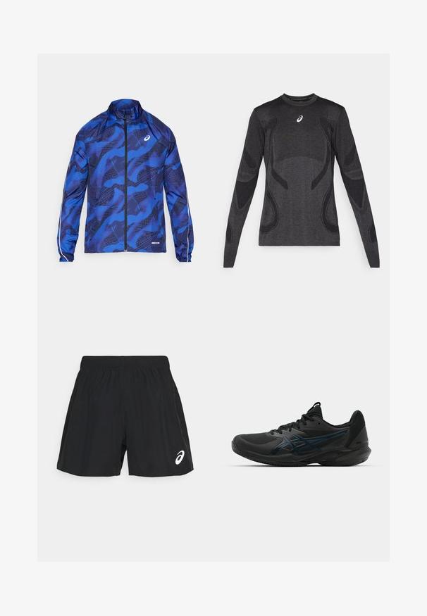 Giacca blu con zip e motivo a fantasia, dotata di un colletto alto, design in rete, polsini elasticizzati e dettagli riflettenti sulle maniche.; Maglia sportiva a maniche lunghe in grigio scuro, con dettagli di design testurizzati in un grigio più chiaro. Collo a giro con logo sul petto.; ASICS CORE SHORT - Pantaloncini sportivi - performance black/graphite grey; ASICS SOLUTION SPEED FF 3 CLAY - da tennis per terra battuta - black/prism blue