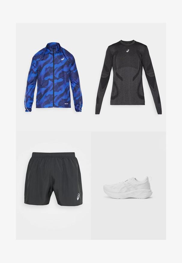Giacca blu con zip e motivo a fantasia, dotata di un colletto alto, design in rete, polsini elasticizzati e dettagli riflettenti sulle maniche.; Maglia sportiva a maniche lunghe in grigio scuro, con dettagli di design testurizzati in un grigio più chiaro. Collo a giro con logo sul petto.; ASICS CORE SHORT - Pantaloncini sportivi - graphite grey; Scarpa sportiva bianca con tomaia in mesh testurizzato, imbottitura innovativa, suola curvata e linguetta sul tallone per facilitarne l'indossamento.