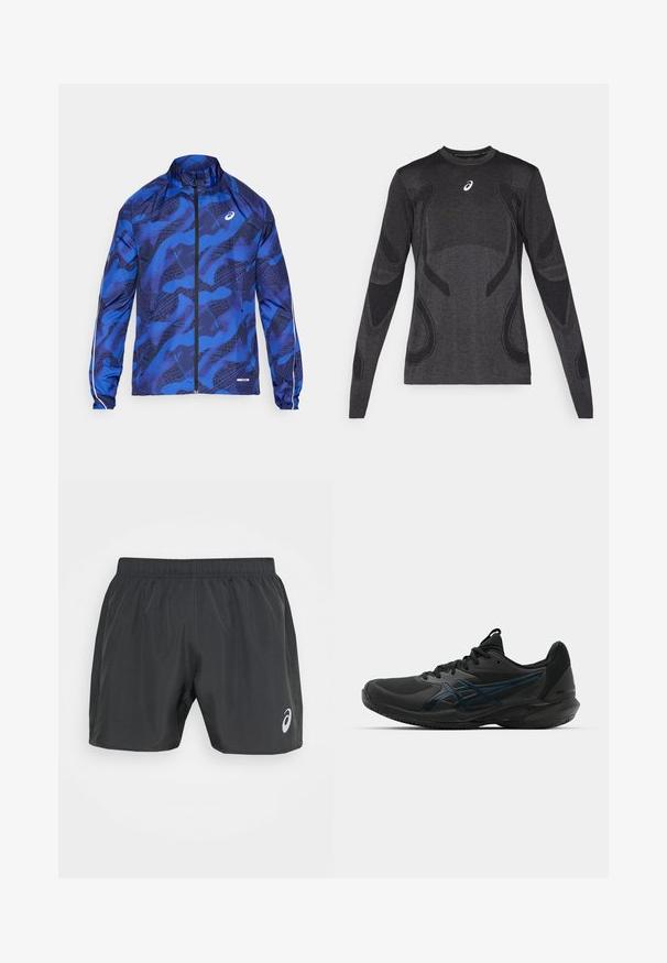 Kék mintás, magas galléros zipzáros dzseki, hálós dizájnal, rugalmas mandzsettákkal és fényvisszaverő díszítéssel az ujjakon.; Hosszú ujjú sportos felső sötétszürkében, világosabb szürke textúrált díszítésekkel. Kerek nyakkivágás, a mellrészen logóval.; ASICS CORE SHORT - Sport rövidnadrágok - graphite grey; ASICS SOLUTION SPEED FF 3 CLAY - Salakpályás teniszcipők - black/prism blue