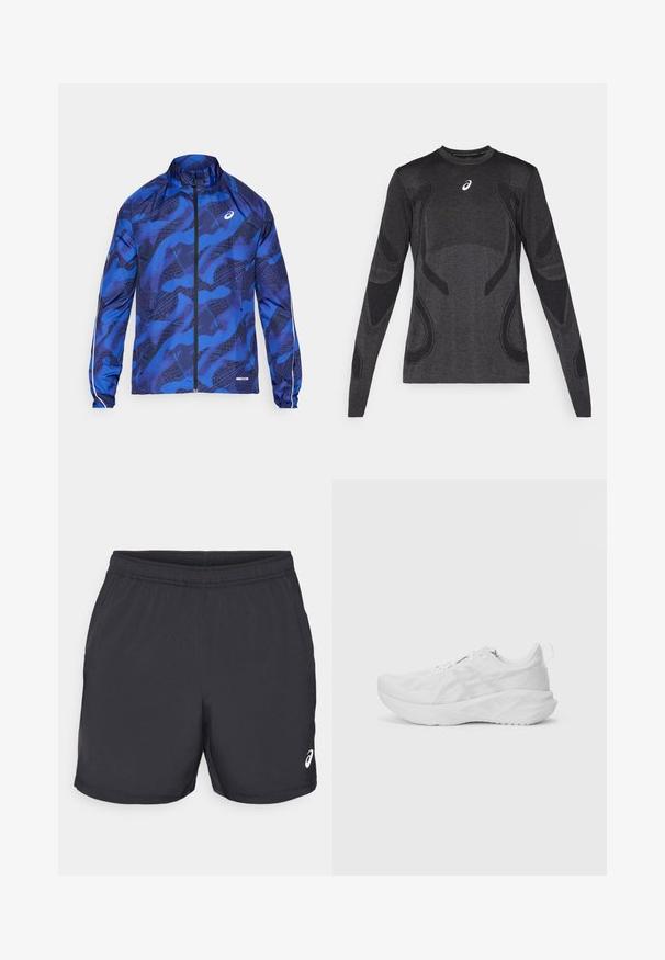 Blauwe gewatteerde ritsjack met hoge kraag, voorzien van een mesh-ontwerp, elastische manchetten en reflecterende accenten op de mouwen.; Langarm atletisch T-shirt in donkergrijs, met textuuraccenten in lichter grijs. Ronde halslijn met logo op de borst.; Zwarte sportshorts van lichtgewicht stof. Voorzien van een elastische tailleband en een logo-accent aan de onderkant rechts.; Witte sportschoen met een gestructureerde mesh bovenkant, innovatieve demping, een gebogen zool en een trekhaak aan de hiel voor gemakkelijk aan- en uittrekken.