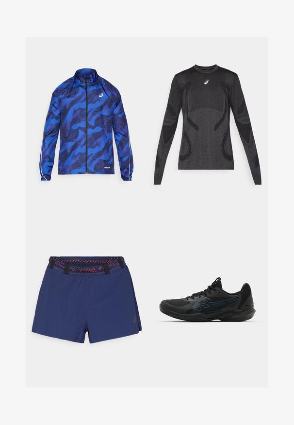 Blauwe gewatteerde ritsjack met hoge kraag, voorzien van een mesh-ontwerp, elastische manchetten en reflecterende accenten op de mouwen.; Langarm atletisch T-shirt in donkergrijs, met textuuraccenten in lichter grijs. Ronde halslijn met logo op de borst.; Navy blauwe shorts van een gestructureerde stof, met een contrasterende rode en zwarte patroon tailleband en een zijsplit voor flexibiliteit.; ASICS SOLUTION SPEED FF 3 CLAY - Tennisschoenen voor kleibanen - black/prism blue