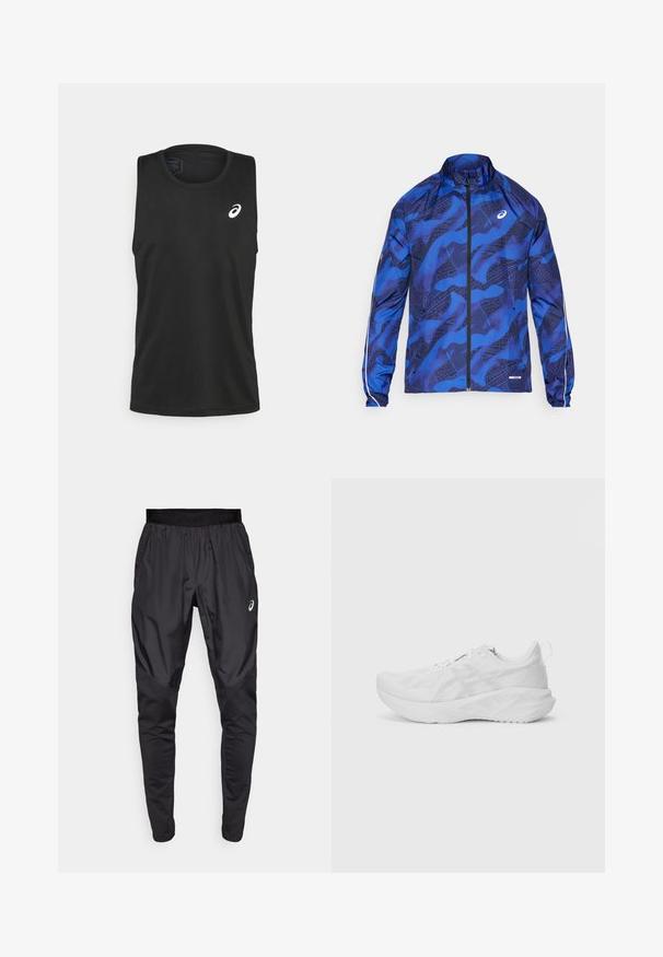 Sininen, kuvioitu vetoketjullinen takki, jossa on korkea kaulus, verkkomainen rakenne, joustavat hihansuut ja heijastavat yksityiskohdat hihoissa.; ASICS CORE SINGLET - Toppi - performance black; Mustat urheiluhousut, joissa on joustava vyötärö, sivutaskut ja kontrastiväriset kangaspaneelit jaloissa. Asics-logo lantiolla.; Valkoinen urheilukenkä, jossa on teksturoitu verkkomateriaali, innovatiivinen vaimennus, kaareva pohja ja kantapään vetonauha helppoa päälle laittoa varten.