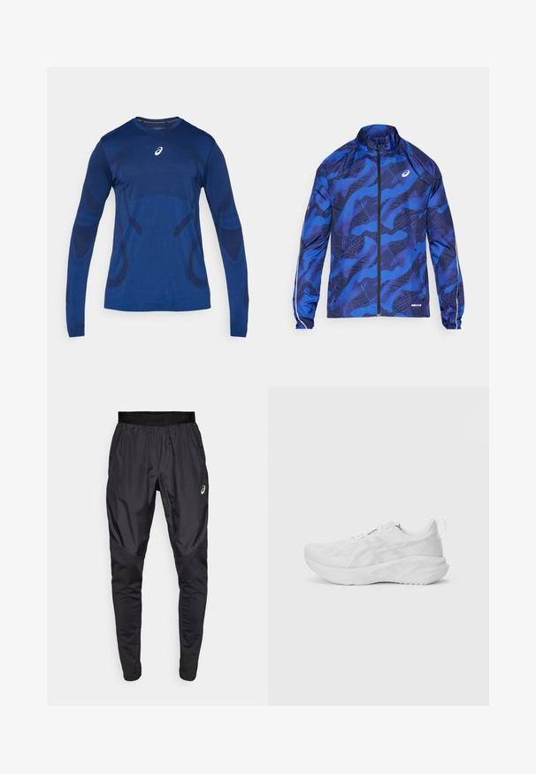 Modrá vzorovaná zipsová bunda s vysokým golierom, obsahujúca sieťový dizajn, elastické manžety a reflexné akcenty na rukávoch.; ASICS ROAD SEAMLESS TOP - Top s dlhým rukávom - midnight; Čierne športové nohavice s elastickým pásom, bočnými vreckami a kontrastnými textúrovanými panelmi na nohách. Logo Asics na boku.; Biele športové tenisky s textúrovaným sieťovaným vrchom, inovatívnym odpružením, zakrivenou podrážkou a pútkom na päte pre jednoduché obúvanie.