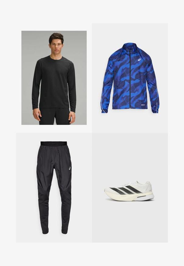 Jachetă cu fermoar, cu un model albastru, guler înalt, având un design din plasă, manși elasticizate și accente reflectorizante pe mâneci.; Cămașă neagră cu mâneci lungi, cu un model texturat, decolteu rotund și mâneci raglan, purtată cu pantaloni de sport negri.; Pantaloni atletici negri cu un elastic extensibil în talie, buzunare laterale și panouri cu textură contrastantă pe picioare. Logo Asics pe șold.; Sandalie sportive albe cu dungi negre, superior din plasă ușoară, vârf rotund și talpă căptușită etichetată "Lightstrike Pro".