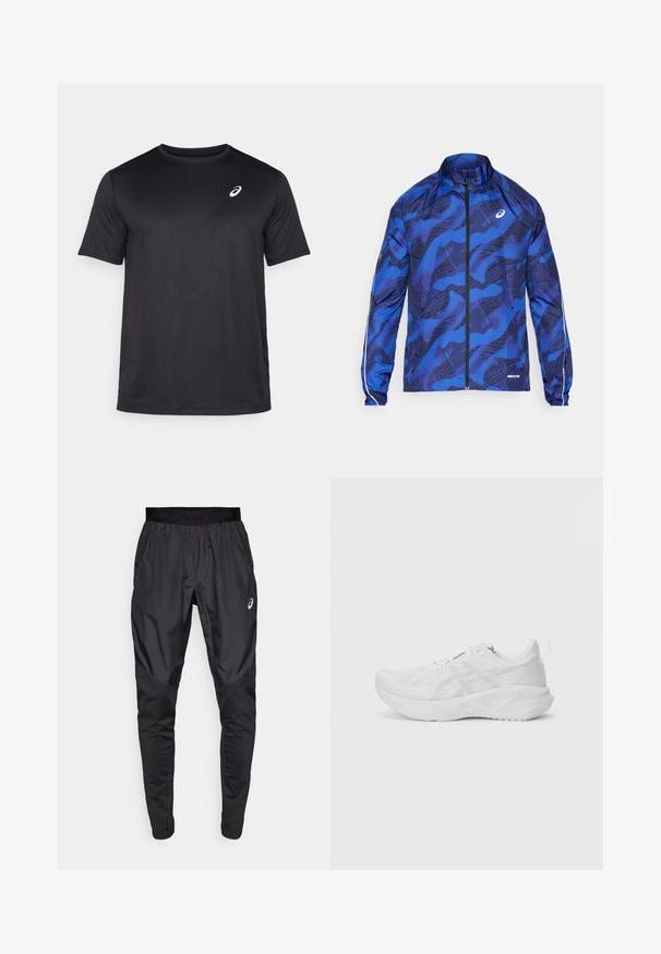Blue patterned zip jacket with a high collar, featuring a mesh design, elasticized cuffs, and reflective accents on the sleeves.; Black short-sleeve athletic t-shirt made of breathable fabric, featuring a round neckline and a small white logo on the upper left chest.; Black athletic pants with a stretchy waistband, side pockets, and contrasting texture panels on the legs. Asics logo on the hip.; White athletic shoe with a textured mesh upper, innovative cushioning, a curved sole, and a pull tab at the heel for ease of wear.