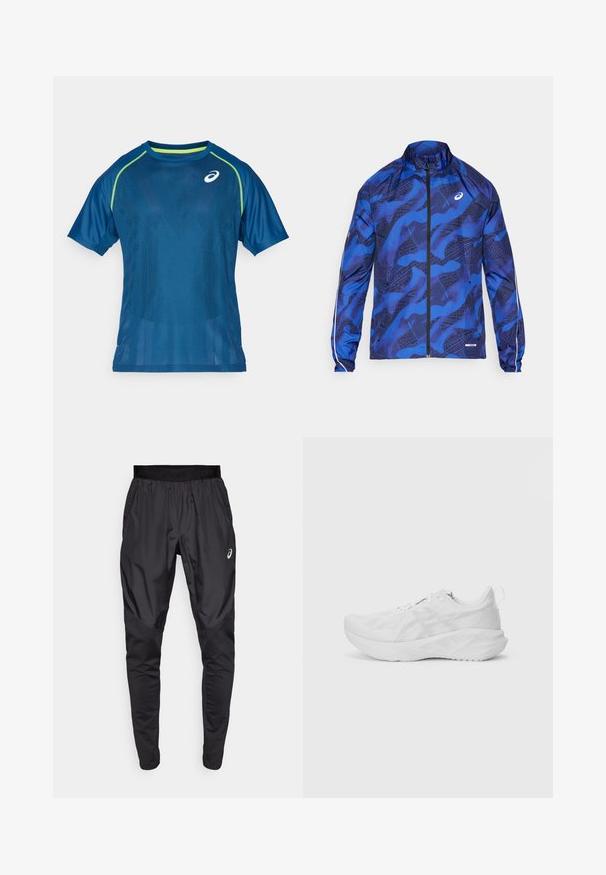 Mėlynas raštuotas užtrauktukas su aukštu apykakle, turintis tinklelio dizainą, elastingas rankogalius ir atspindinčius akcentus ant rankovių.; Mėlynas sportinis marškinėliai trumpomis rankovėmis, su tinklelio detalėmis, ryškiai žaliais akcentais ir logotipu kairėje viršutinėje pusėje. Lygi tekstūra.; Juodi sportiniai kelnes su elastingu juosmeniu, šoninėmis kišenėmis ir kontrastingos tekstūros panelėmis ant kojų. Asics logotipas ant klubo.; Balti sportiniai bateliai su tekstūruota tinkline viršutine dalimi, novatoriška amortizacija, kreiva padas ir kilpos užkulniui, kad būtų lengviau užsidėti.