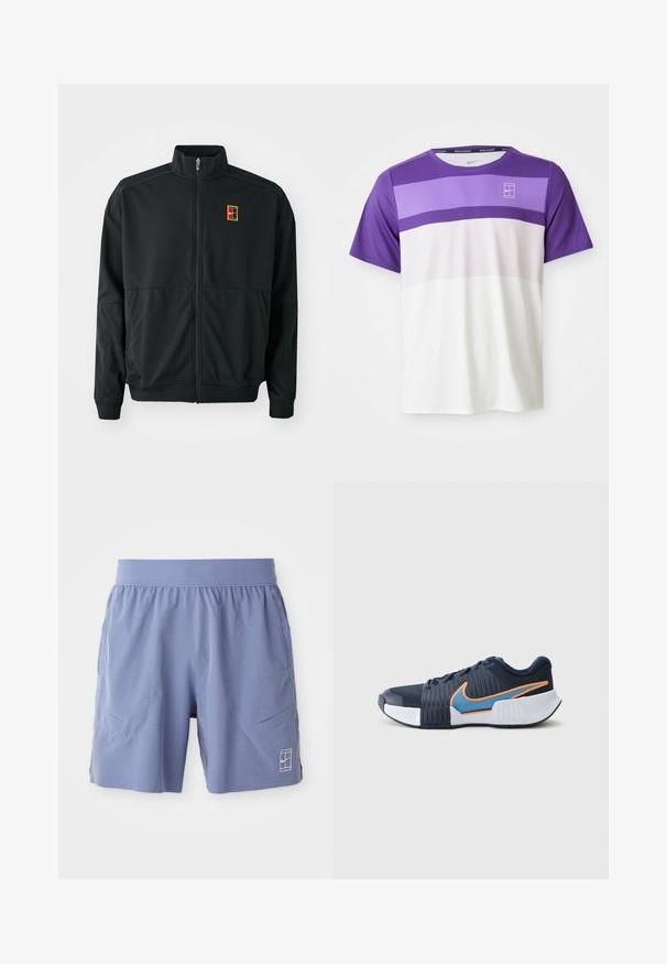 Veste noire zippée avec un col haut. Fabriquée en tissu léger et lisse, elle présente un petit logo multicolore sur la poitrine.; T-shirt de sport à manches courtes Nike avec des blocs de couleurs horizontaux en violet, lavande, rose clair et blanc, et logo NikeCourt sur la poitrine.; Un short de sport bleu clair avec une taille élastique, deux poches latérales et un petit logo blanc en bas à droite. Texture lisse.; Chaussures de sport avec une tige en maille marine et synthétique, des accents orange et bleu, des côtés texturés et une semelle en caoutchouc blanche.