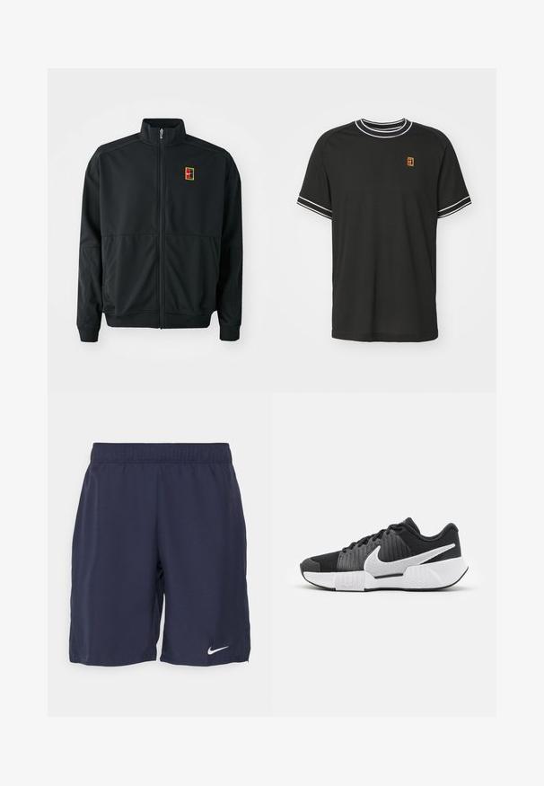 Zwarte ritsjack met een hoge kraag. Gemaakt van soepel, lichtgewicht materiaal en voorzien van een klein multi-kleurig logo op de borst.; Zwarte t-shirt met korte mouwen, gemaakt van mesh stof, voorzien van een witte rand op de kraag en mouwen, met een klein geel en rood logo op de borst.; Marineblauwe sportshorts gemaakt van gladde stof, met een elastische tailleband en een wit Nike-logo op het linker onderbeen.; Zwarte sportieve schoenen met een gestructureerde bovenkant, wit swoosh-logo, gepolsterde hiel en een contrasterende witte zool met een zigzagpatroon.