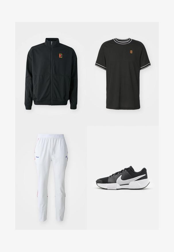 Melnā jaka ar rāvējslēdzēju un augstu apkakli. Izgatavota no gludas, vieglas auduma, ar mazu daudzkrāsainu logo uz krūšu daļas.; Melna īsām piedurknēm t-kreklā, kas izgatavots no acs auduma, ar baltu apdari apkaklē un piedurkņos, uz krūtīm ir neliels dzeltenas un sarkanas krāsas logotips.; Baltas sporta bikses ar elastīgu jostu, ar sarkaniem un ziliem akcentiem sānu šuvēs un logotipu kreisajā gurnā.; Melnas sporta kurpes ar teksturētu augšdaļu, baltu swoosh logotipu, polsterētu papēdi un kontrastējošu baltu zoli ar zigzaga rakstu.