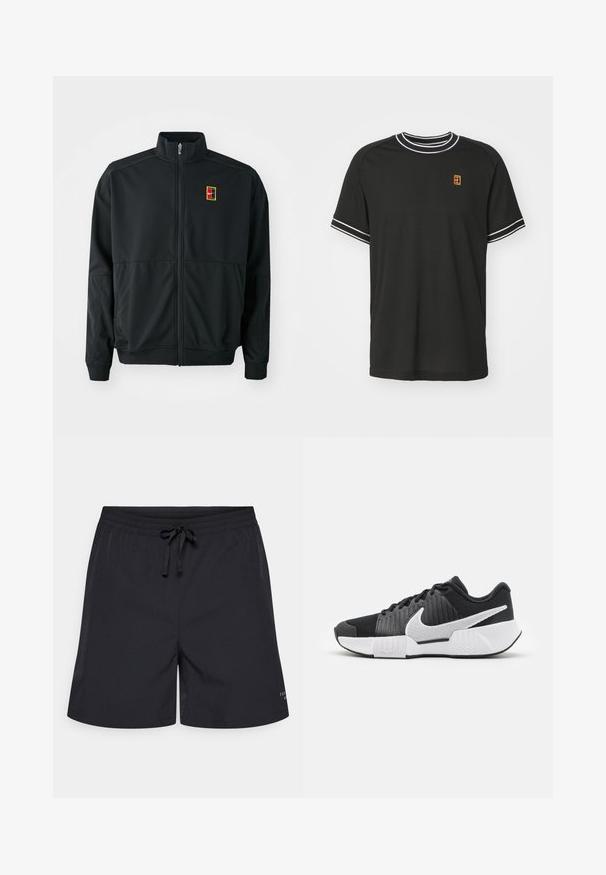 Casaco preto com fecho éclair e gola alta. Feito de um tecido leve e suave, apresentando um pequeno logótipo multicolorido no peito.; T-shirt preto de manga curta feito de tecido em malha, com detalhes brancos no colarinho e nas mangas, e um pequeno logótipo amarelo e vermelho no peito.; Calções de banho pretos feitos de um tecido leve com cintura elástica, fecho de cordão e bolsos laterais. Sem padrões ou logótipos visíveis.; Sapatos atléticos pretos com um cabedal texturizado, logótipo swoosh branco, calcanhar acolchoado e uma sola branca em contraste com um padrão em zigzag.