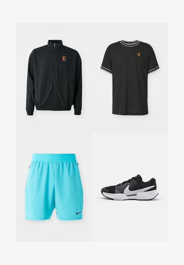 Μαύρο φλιτζάνι με φερμουάρ και ψηλό γιακά. Κατασκευασμένο από λείο, ελαφρύ ύφασμα, με ένα μικρό πολυχρωμο λογότυπο στο στήθος.; Μαύρο κοντομάνικο μπλουζάκι φτιαγμένο από διχτυωτό ύφασμα, με λευκή εκτύπωση στον γιακά και τα μανίκια, καθώς και ένα μικρό κίτρινο και κόκκινο λογότυπο στο στήθος.; Τουρκουάζ αθλητικές βερμούδες με ελαστική μέση, πλαϊνές τσέπες, ριγέ υφή και μικρό μαύρο λογότυπο Nike στο κάτω αριστερό μέρος.; Μαύρα και λευκά αθλητικά παπούτσια με υφή στην επάνω πλευρά, ενισχυμένη φτέρνα και εξέχον λογότυπο swoosh. Ισχυρός πάτος με μοτίβο πρόσφυσης.