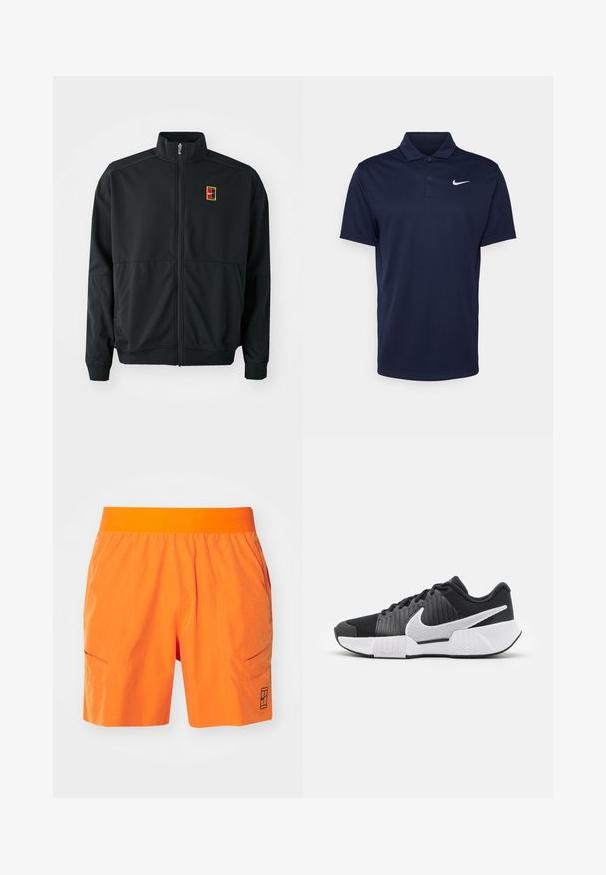 Chaqueta negra con cremallera y cuello alto. Confeccionada en tejido liso y ligero, presenta un pequeño logo multicolor en el pecho.; Polo de color azul marino hecho de tela suave, con cuello de tres botones, mangas cortas y un pequeño logo blanco de Nike en el pecho.; Pantalones cortos de color naranja brillante con una cinturilla elástica, dos bolsillos frontales y un bolsillo lateral. Tejido ligero con un acabado texturizado.; Zapatillas deportivas negras con parte superior texturizada, logo de swoosh blanco, talón acolchado y suela blanca contrastante con un patrón en zigzag.