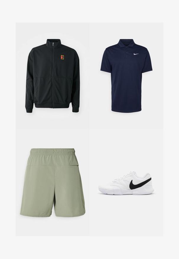 Zwarte ritsjack met een hoge kraag. Gemaakt van soepel, lichtgewicht materiaal en voorzien van een klein multi-kleurig logo op de borst.; Navyblauwe polo gemaakt van gladde stof, met een drieknoopsluiting, korte mouwen en een klein wit Nike-logo op de borst.; Nike Performance UNLIMITED - Korte broeken - dark stucco; Witte sportieve schoenen met een gestructureerde bovenkant, zwarte Nike swoosh, gewatteerde kraag en een solide rubberen buitenzool met een gepatternde profiel.