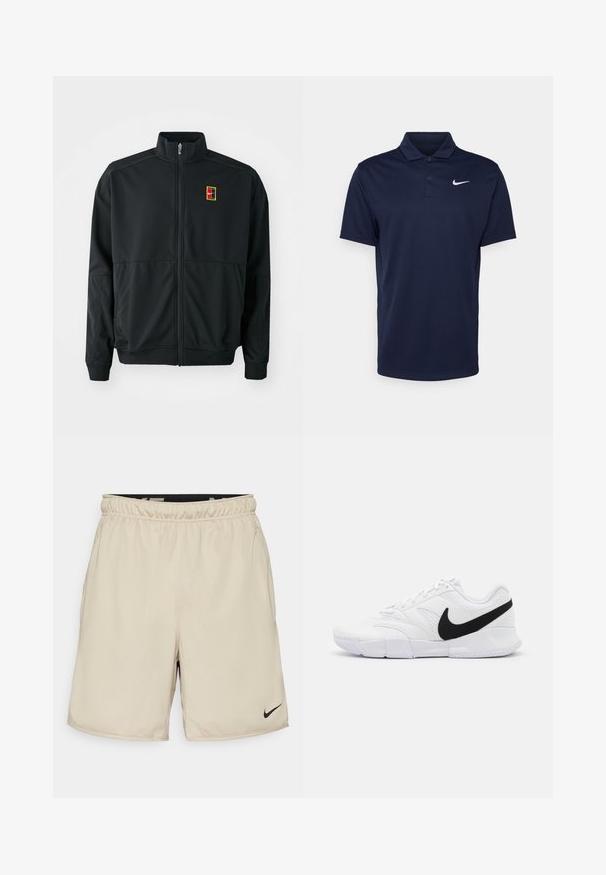 Schwarze Zip-Jacke mit hohem Kragen. Hergestellt aus glattem, leichtem Stoff und mit einem kleinen, mehrfarbigen Logo auf der Brust.; Navyblaues Polohemd aus glattem Stoff, mit einer Drei-Knopf-Leiste, kurzen Ärmeln und einem kleinen weißen Nike-Logo auf der Brust.; Beige Sportshorts aus leichtem Material mit einem elastischen Bund, versehen mit einem kleinen schwarzen Nike-Logo auf der unteren rechten Seite.; Weiße Sportschuhe mit einer strukturierten Oberseite, schwarzem Nike-Swoosh, gepolstertem Schaft und einer soliden Gummisohle mit Musterprofil.