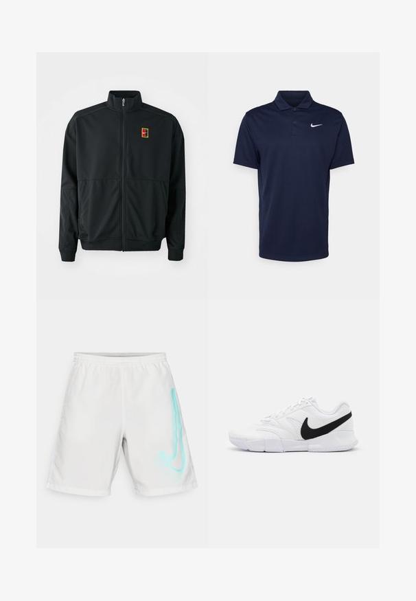 Schwarze Zip-Jacke mit hohem Kragen. Hergestellt aus glattem, leichtem Stoff und mit einem kleinen, mehrfarbigen Logo auf der Brust.; Navyblaues Polohemd aus glattem Stoff, mit einer Drei-Knopf-Leiste, kurzen Ärmeln und einem kleinen weißen Nike-Logo auf der Brust.; Weiße Badeshorts aus glattem Material, versehen mit einem blauen Verlauf-Logo-Design auf der rechten Seite und einem elastischen Bund.; Weiße Sportschuhe mit einer strukturierten Oberseite, schwarzem Nike-Swoosh, gepolstertem Schaft und einer soliden Gummisohle mit Musterprofil.