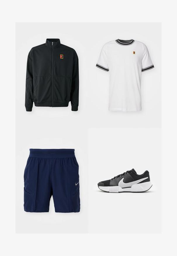 Black zip-up jacket with a high collar. Made of smooth, lightweight fabric, featuring a small multi-colored logo on the chest.; White short-sleeve t-shirt with black striped collar and cuffs. Features a small, colorful logo on the chest. Made from mesh fabric.; Navy blue athletic shorts made from lightweight fabric, featuring a stretchy waistband, two side pockets, and a small silver Nike logo.; Black athletic shoes with a textured upper, white swoosh logo, padded heel, and a contrasting white sole featuring a zigzag pattern.