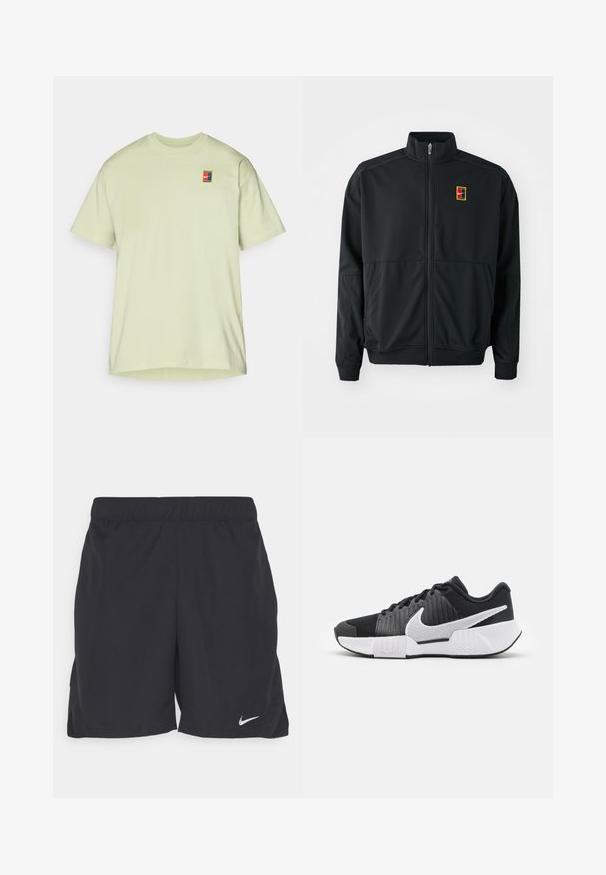 Chaqueta negra con cremallera y cuello alto. Confeccionada en tejido liso y ligero, presenta un pequeño logo multicolor en el pecho.; Camiseta de algodón verde claro con mangas cortas, cuello redondo y un pequeño parche de logo multicolor en el área del pecho izquierdo.; Pantalones cortos deportivos negros hechos de un tejido ligero, con una cinturilla elástica y un pequeño logo blanco de Nike en la parte inferior izquierda.; Zapatillas deportivas negras con parte superior texturizada, logo de swoosh blanco, talón acolchado y suela blanca contrastante con un patrón en zigzag.
