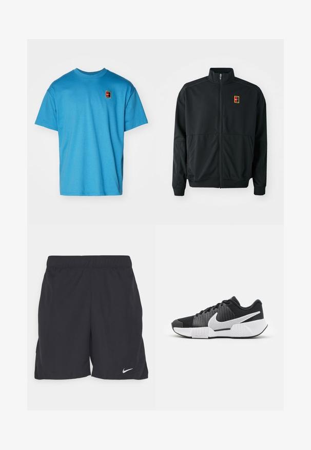 Čierna zipová bunda s vysokým golierom. Vyrobená z hladkej, ľahkej látky, s malým viacfarebným logom na hrudi.; Modrá bavlnená tričko s krátkymi rukávmi a okrúhlym výstrihom, s malým viackočkovým logom Nike vyšitým na ľavej hrudi.; Čierne atletické šortky vyrobené z ľahkej tkaniny, s elastickým pásom a malým bielym logom Nike na dolnej ľavej strane.; Čierne športové tenisky s textúrovaným zvrškom, bielym logom Swoosh, polstrovanou pätou a kontrastnou bielou podrážkou s cik-cak vzorom.