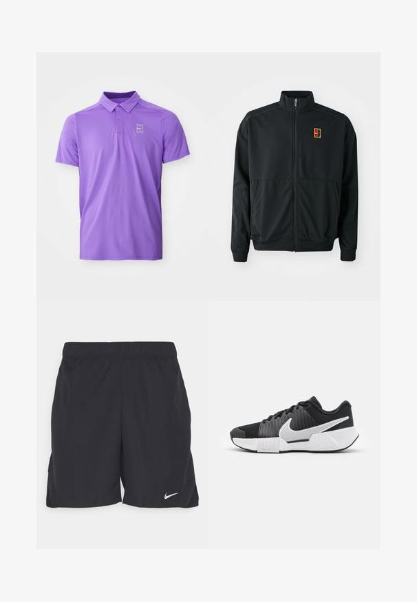 Fekete, cipzárral záródó dzseki magas gallérral. Simító, könnyű anyagból készült, amelyen egy kis, színes logó található a mellkason.; Lila, rövid ujjas pólóing, gallérral és kétgombos hózással, bal mell részen fehér Nike tenisz logóval.; Fekete atlétikai nadrág könnyű szövetből, elasztikus derékrésszel és egy kis fehér Nike logóval az alsó bal oldalon.; Fekete sportcipők textúrázott felsőrésszel, fehér Swoosh logóval, párnázott sarokkal és kontrasztos fehér talppal, amelyet zigzag minta díszít.