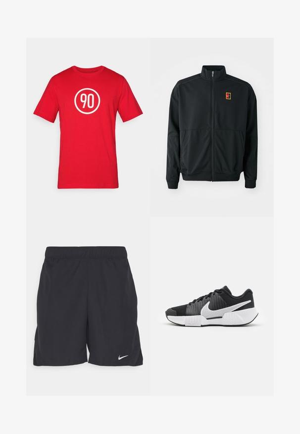 Veste noire zippée avec un col haut. Fabriquée en tissu léger et lisse, elle présente un petit logo multicolore sur la poitrine.; T-shirt en coton rouge avec un graphique circulaire blanc portant le numéro "90" au centre. Encolure classique et manches courtes.; Shorts de sport noirs en tissu léger, avec une taille élastique et un petit logo Nike blanc sur le coin inférieur gauche.; Chaussures de sport noires avec une tige texturée, logo swoosh blanc, talon rembourré, et une semelle blanche contrastante avec un motif en zigzag.