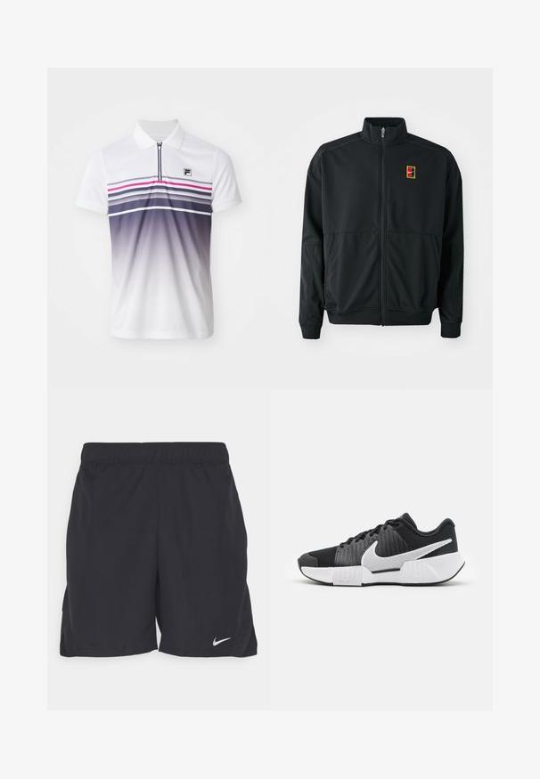 Jachetă neagră cu fermoar, cu guler înalt. Fabricată dintr-un material neted și ușor, având un mic logo multicolor pe piept.; Cămașă polo albă cu mâneci scurte, fermoar frontal, dungi orizontale în nuanțe de violet, roz și gri, și un mic logo negru pe piept.; Shorts negri de sport din material ușor, având un talie elastică și un mic logo alb Nike în partea stângă jos.; Pantofi sport negri cu un superior texturat, logo-ul swoosh alb, călcâi căptușit și o talpă albă în contrast care prezintă un model în zigzag.