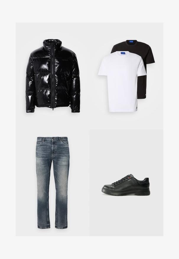 Musta puffatakki kiiltävällä pinnalla, korkea kaulus, edessä vetoketju ja kaksi sivu vetoketjullista taskua. Sisältää kirjontapaneelit ja logon.; Kaksi T-paitaa pinottuna: yksi valkoinen ja yksi musta. Lyhyet hihat, pyöreät kaula-aukot, puuvillakangasta. Kaula-aukossa pieni sininen logo.; Siniset farkut, joissa on suora lahje. Vaaleat kuluneet kohdat, klassinen viiden taskun muotoilu ja yksittäinen metallinen napin suljenta vyötäröllä.; Musta nahkakengät, joissa on teksturoidun pinnan, pehmustettu kaulus ja punainen logo. Kengissä on paksu kumipohja, jossa on selkeä uramalli.