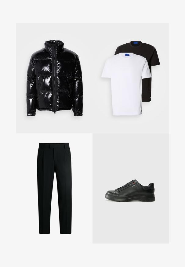 Schwarze Pufferjacke mit glänzender Oberfläche, hohem Kragen, Frontreißverschluss und zwei seitlichen Reißverschlusstaschen. Verfügt über gestickte Einsätze und ein Logo.; Zwei übereinander gestapelte T-Shirts: eines weiß und eines schwarz. Kurze Ärmel, runde Ausschnitte, aus Baumwollstoff. Mit einem kleinen blauen Logo am Ausschnitt.; Schwarze, maßgeschneiderte Hose mit flachem Frontdesign, zwei Falten, einem Bund mit Gürtelschlaufen und einem glatten Stoff.; Schwarze Leder-Sneaker mit strukturiertem Obermaterial, gepolstertem Kragen und rotem Logo-Detail. Verfügt über eine dicke Gummisohle mit markantem Profil.