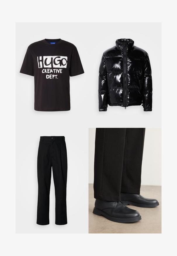 Black puffer jacket with a glossy finish, high collar, front zipper, and two side zippered pockets. Features stitched panels and a logo.; Black cotton t-shirt with white graphic text reading "HUGO" and "CREATIVE DEPT." in bold, playful fonts. Crew neck and short sleeves.; Black straight-leg trousers with a buttoned waistband, belt loops, and front crease, displayed against a plain white background.; Black leather shoes with a rounded toe, flat sole, and minimal detailing. Paired with tailored black pants, showing smooth texture.
