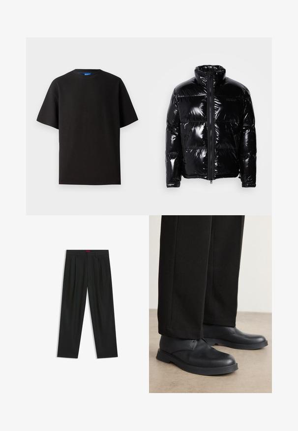 Musta puffatakki kiiltävällä pinnalla, korkea kaulus, edessä vetoketju ja kaksi sivu vetoketjullista taskua. Sisältää kirjontapaneelit ja logon.; Mustalla t-paidalla, jossa on lyhyet hihat ja pyöreä kaula-aukko, valmistettu ribbikankaasta. Ominaisuuksina rento istuvuus ja huomaamaton sininen brändilappu kaula-aukon sisäpuolella.; Mustat housut, joissa on poimutettu muotoilu, leveä lahjetyyppi ja sileä pinta. Varustettu punaisella vyötärötagilla.; Mustat nahkakengät, joissa on pyöreä kärki, litteä pohja ja minimaalinen koristelu. Yhdistettyihin korkealaatuisesti tehtyihin mustiin housuihin, jotka näyttävät sileiltä.