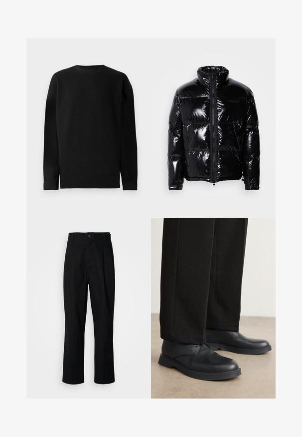 Fekete puffermellény fényes felülettel, magas gallérral, elülső cipzárral és két oldalsó cipzáras zsebbel. Varrott panelek és logó jellemzi.; Fekete, hosszú ujjú pulóver bordázott anyagból. Kerek nyakú és egyenes szegéllyel rendelkezik, illeszkedő mandzsettákkal. Egyszerű, egyszínű dizájn.; Fekete egyenes szabású nadrág gombos derékkal, övrutakkal és elülső gyűrődéssel, egy sima fehér háttér előtt.; Fekete bőrcipők lekerekített orral, lapos talppal és minimális díszítéssel. Testre szabott fekete nadrággal párosítva, amely sima textúrával rendelkezik.