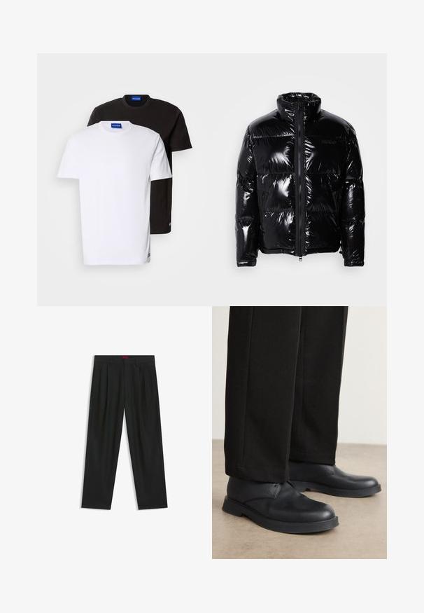 Black puffer jacket with a glossy finish, high collar, front zipper, and two side zippered pockets. Features stitched panels and a logo.; Two T-shirts stacked: one white and one black. Short sleeves, round necklines, cotton fabric. Features a small blue logo at the neckline.; Black trousers with a pleated design, wide leg shape, and a smooth texture. Features a red waistband tag.; Black leather shoes with a rounded toe, flat sole, and minimal detailing. Paired with tailored black pants, showing smooth texture.